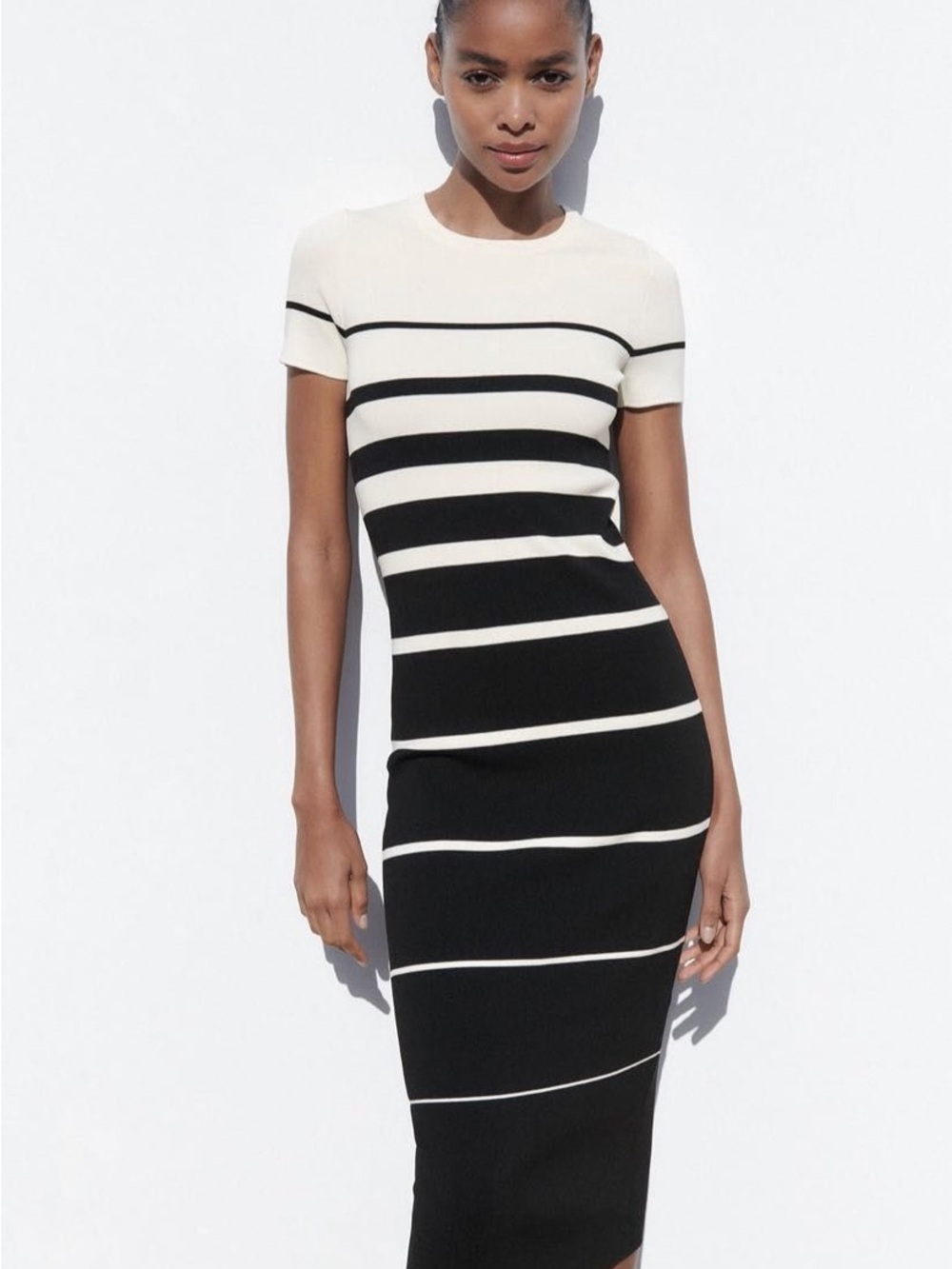 NWT Zara Black and White Striped Knit Midi Dress M